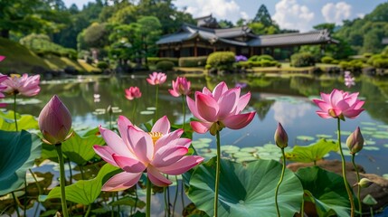 Vibrant pink lotus flowers flourishing in a serene pond within a beautiful Japanese garden setting.