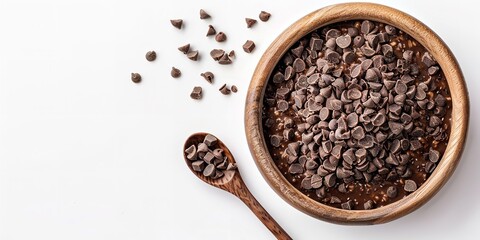 Top view and close shot of chocolate oat meal in a bowl on a clean white surface with a big space for text or product advertisement, Generative AI.