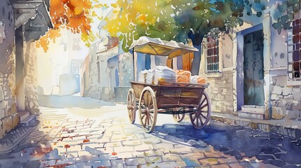 Watercolor illustration of a vintage newspaper vendor cart on a cobbled street, early morning setting