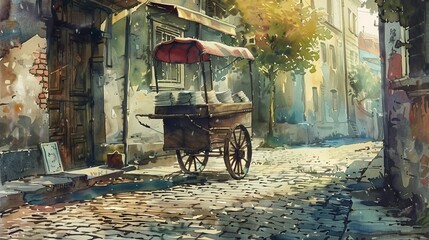 Watercolor illustration of a vintage newspaper vendor cart on a cobbled street, early morning setting - obrazy, fototapety, plakaty