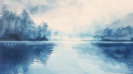 Watercolor depiction of a quiet lake at dawn, gradients of blue and grey with white mist rising above the water, serene and tranquil - obrazy, fototapety, plakaty