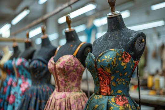 Vintage mannequins present a collection of floral dresses, capturing the timeless elegance and detail of fashion design in a studio setting.