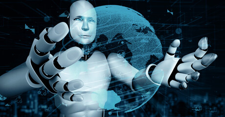 XAI 3d illustration Future financial technology controll by AI robot huminoid uses machine learning and artificial intelligence to analyze business data and give advice on investment and trading