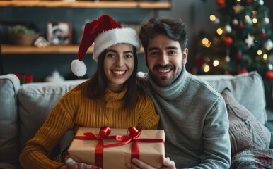 Happy young couple with santa hat sitting on the sofa at home, holding a wrapped gift box and...