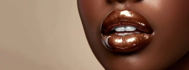 Fotobehang A woman's lips are painted with a shiny, glossy lip gloss. Concept of glamour and sophistication, as the woman's lips appear to be the focal point of the image © Nataliia_Trushchenko