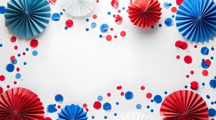 4th of July American Independence Day. Happy Independence Day. Red, blue and white star confetti, paper decorations on white background. Flat lay, top view, copy space, banner Ai generated 