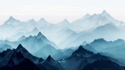 Mountain ranges in layered gradients of color, with black peaks and white snow caps adding dramatic contrast