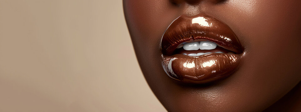 A woman's lips are painted with a shiny, glossy lip gloss. Concept of glamour and sophistication, as the woman's lips appear to be the focal point of the image