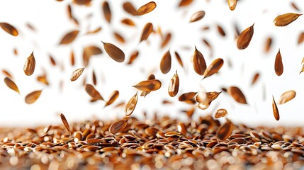 A clsoe shot of flaxseeds falling on a white backdrop with a big space for text or product advertisement, Generative AI.