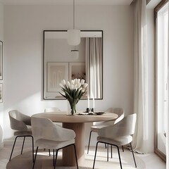 frame mockup in a small dining room with white walls