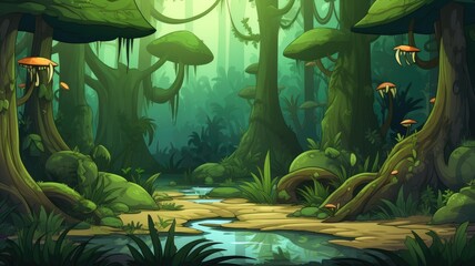 serene, mystical forest with vibrant greenery and whimsical mushrooms, bathed in soft light