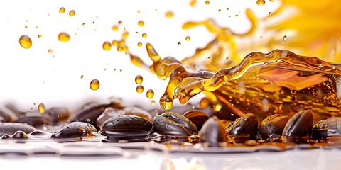 Close shot of splashing sunflower oil with sunflower seeds on a clean white backdrop with a big space for text or product, Generative AI. - obrazy, fototapety, plakaty