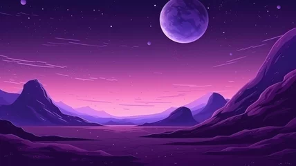Foto auf Acrylglas Mars purple space landscape with large planets on purple starry sky, meteors and mountains © chesleatsz