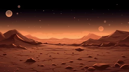 Fotobehang Mars surface, alien planet landscape with sand or dust storm. Cartoon background © chesleatsz