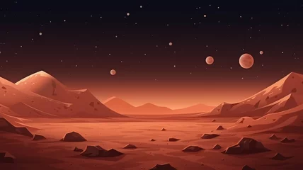 Fotobehang Bordeaux Mars surface, alien planet landscape with sand or dust storm. Cartoon background