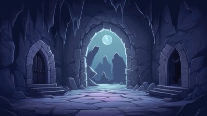 Medieval castle dungeon, moonlit, eerie castle interior with gothic architecture and haunting landscape