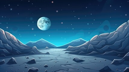 Moon surface landscape with craters and Earth on background cartoon illustration - obrazy, fototapety, plakaty