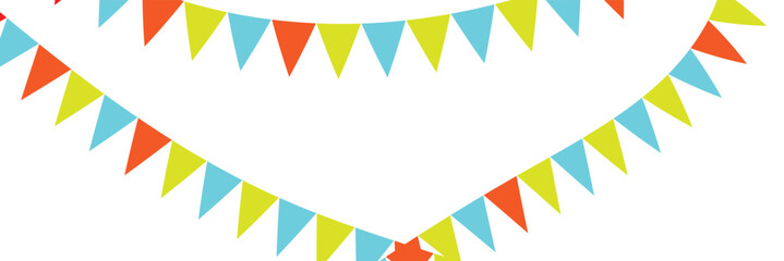 Festive flag garland vector illustration. Colorful paper bunting party flags isolated on white background.  Decorative colorful party pennants for birthday celebration, festival and fair decoration  - obrazy, fototapety, plakaty