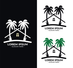 beach hotel logo vector. house logo design template with palm trees vector