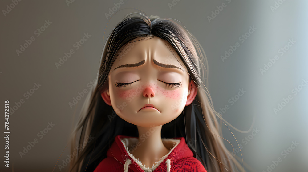 Sticker Sad upset disappointed depressed indian cartoon character girl young woman female person with closed eyes in 3d style design on light background. Human people feelings expression concept