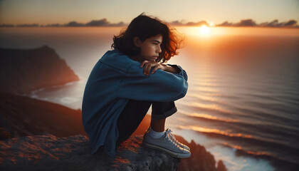 Contemplative Youth Overlooking Seaside Sunset  