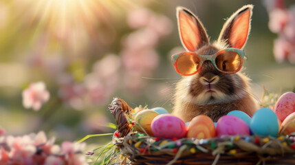 Fototapeta na wymiar Spring holiday image: a rabbit and his basket. 