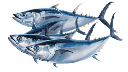 Illustration of three tuna fish in dynamic poses with detailed shading and highlights. - obrazy, fototapety, plakaty