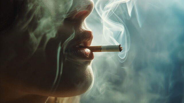 Close-up of a person's lips with a lit cigarette, surrounded by smoke.