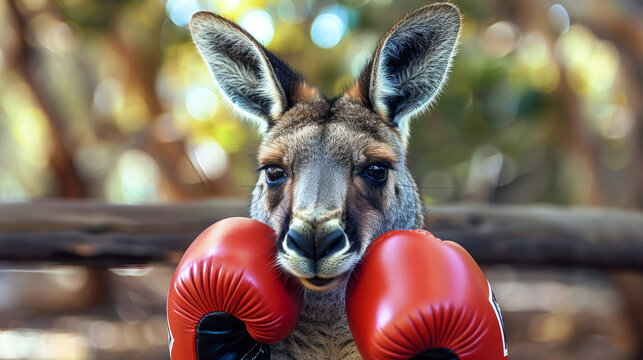 A kangaroo wearing boxing gloves and a red glove. The kangaroo is looking at the camera. boxing kangaroo