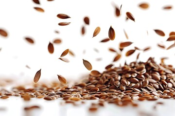 A clsoe shot of flaxseeds falling on a white backdrop with a big space for text or product advertisement, Generative AI. - obrazy, fototapety, plakaty