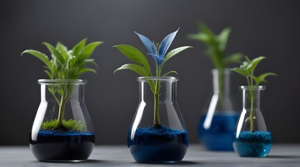 Blue plant in glass test tube in laboratory on grey background .Generative AI
