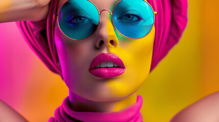 A woman with blue sunglasses and pink and yellow makeup. She is wearing a pink scarf and a pink...