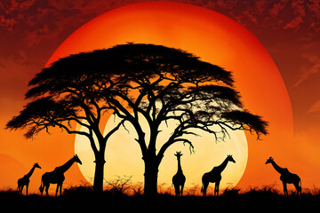 Naklejki  three giraffes on an African grassland. Generative AI