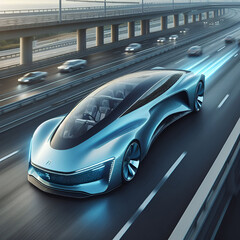 autonomous futuristic supercar with impressive architectural buildings.