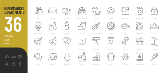 Supermarket Departments Line Editable Icons set. Vector illustration in modern thin line style of product categories icons: food, household goods, cosmetics, sports and health, and more. 