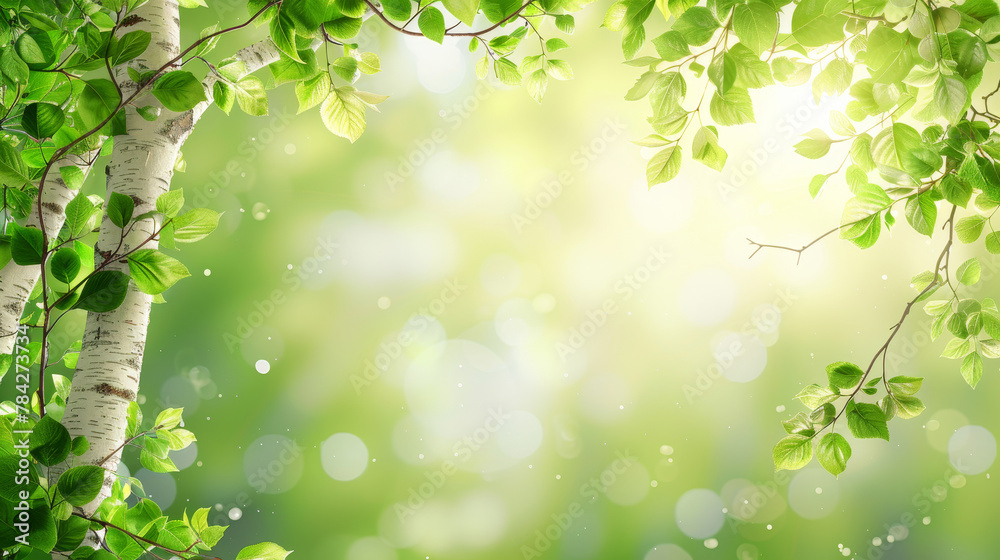 Poster Vibrant green leaves with sunlight and bokeh effects.