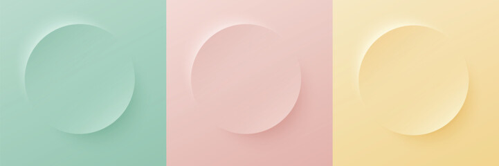  Set of abstract 3d beige, different color circle frame design for cosmetic product. Collection of trendy color geometric background with copy space. Top view scene. Vector EPS10
