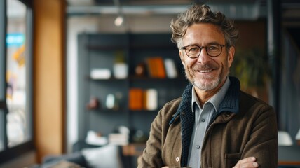 Fototapeta premium Confident mature businessman wearing stylish glasses, warm smile in modern office setting. Close-up of a distinguished gentleman exuding confidence and approachability, dressed in casual comfortable