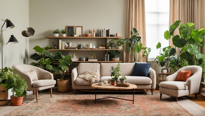 A white living room with a couch  coffee table  plants  and a lamp.