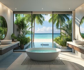 Tropical Style Open Bathroom: Relaxation Oasis with Sea Beach and Azure Water Pool