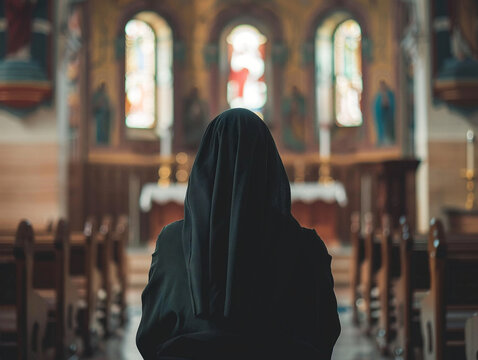 A serene Catholic nun kneels in prayer in a quiet chapel, surrounded by holy light.