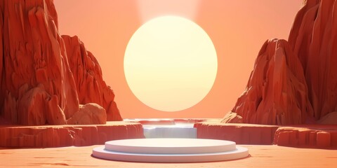 a podium in the middle of a desert with mountains in the background and a large sun in the background