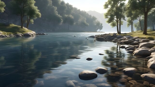{A photorealistic image of water in a natural setting, showcasing realistic textures and reflections. The water should appear crystal clear, capturing the play of light and shadow on its surface. The 