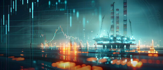 Abstract background, technical graph, oil rig in the background. Oil investment concept