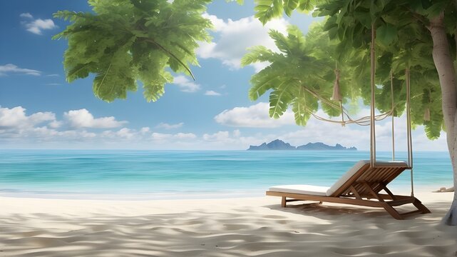 {A photorealistic image depicting a tropical beach panorama as a summer landscape. The scene should include a beach swing or hammock set amidst white sand and a calm sea. The focus should be on creati