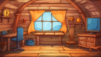Obraz na płótnie Canvas Pirate capitan ship cabin. Wooden room interior, game background