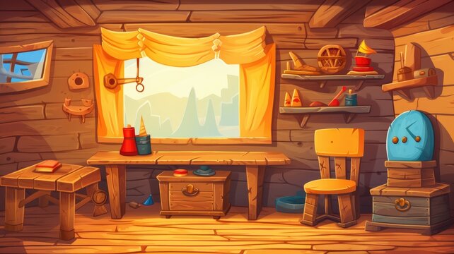 Pirate capitan ship cabin. Wooden room interior, game background