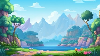 Obraz na płótnie Canvas cartoon landscape with a lush green path leading to distant mountains under a clear sky