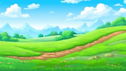Fototapeta na wymiar Vibrant cartoon landscape with green hills, colorful flowers, and fluffy clouds