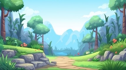 cartoon landscape with a lush green path leading to distant mountains under a clear sky